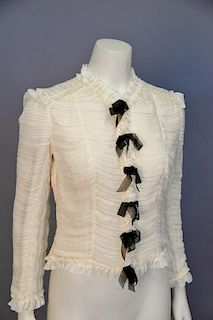 Chanel off-white silk crepe blouse, ruffled with black bows, new with tag retail $3,300 RTW (size 40).