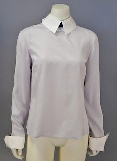 Chanel silk blouse, pale lavender with white collar and cuffs and a black tie, new with tag RTW (size 40).