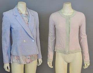 Chanel three piece lot to include a angora sweater / cardigan, pink with green trim, lilac tweed blazer, and a silk blouse.