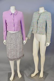 Chanel three piece lot including tweed skirt with fringe bottom (size 42), purple tweed crop jacket, and multi colored and green tweed jacket with sil