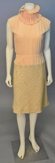 Chanel sleeveless peach dress, top is silk crepe and bottom is tweed/novelty weave.