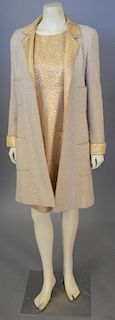 Chanel two piece set with full length tweed/beige and white boucle dress coat and gold strapless dress.
