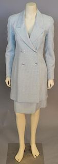 Chanel two piece tweed/ silk and cotton suit, robins egg blue and white with full length jacket and matching skirt (minor stains).