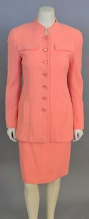 Chanel two piece tweed/boucle melon suit with long jacket and skirt.