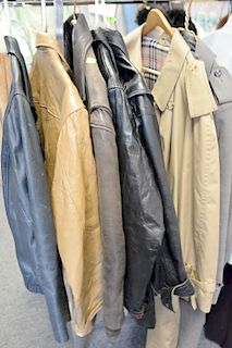 Seven piece lot of mens jackets including five leather jackets and two trench coats by designers John Weitz and Britches of Georgetown.