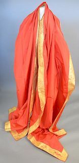 Evening wrap or shawl of orangey-red silk taffeta, with hand-painted gold border., No label. Excellent condition.