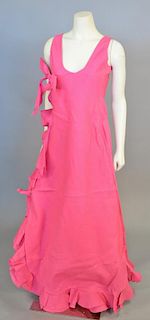 Christian Dior, Fall/Winter 1971, Sleeveless evening gown of stiff, fuscia linen (or ramie?). The gown is edged with a double ruffle of self fabric, c