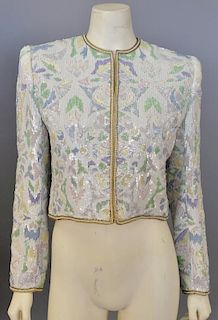 Vintage Osca de la Renta designer jacket, covered in sequins, pastel design on white with silk interior, excellent condition.