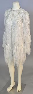 Designer silk beaded sequined short dress with feathers and sequins, excellent condition (lg. 38 in.).
