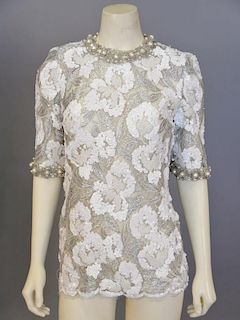 Adolfo vintage designer sequin and bead over silver lace short sleeve shirt, excellent condition.