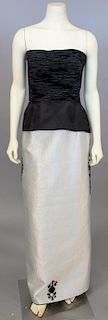 Mary McFadden, c. 1990, Evening dress consisting of a separate bodice and skirt. The skirt is silvery-gray silk...