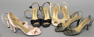 Yves Saint Laurent four pairs of satin pumps and heels like new including pink, tan, black, and grey. size 36m