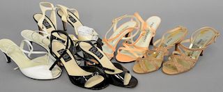 Five pairs of woman's shoes, pumps, and heels including Christian dior white leahter, Cynthia Rowley, Rene Mancini, and Charles Jourdan.