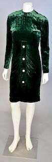 Christian Dior, Autumn/Winter 1984, Formal dress of dark green velvet; skirt front is gathered into a central vertical band embellished with jeweled b