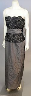 Christian Dior, Spring/Summer 1982, Evening ensemble, consisting of a long skirt of dark gray silk moire, and separate strapless bodice of cream chiff