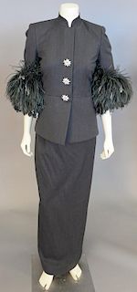 "Christian Dior/ Haute Couture / AH96" label, style #30578, Woman's formal suit, consisting of a jacket and long skirt of fine gray wool twill. The ja