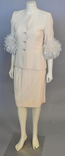 Attributed to Christian Dior Pauris Haute Couture, vintage designer two piece womens suit, cream color with feather cuffs.