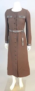 Courreges Paris, made in France 1970's couture brown wool and leather dress with snap front, #46168.