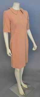 Christian Dior Paris Printemps-Ete 1986 #21108, peach color wool crepe dress with three button front and 3/4 length sleeves.