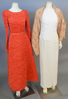Two vintage couture crinkle pleated silk evening gowns attributed to Mary Mcfadden along with a tan scarf.