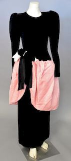 Designer evening gown having black velvet body with long sleeves and pink jacquared scarf (circa 1980's) (lg. 56).