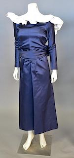 Custom designer silk satin evening dress, blue and white with full length sleeves and ruffle collar (ht. 57").