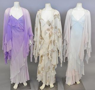 Three designer silk chiffon ruffle dresses (no tag - approximate size 4 or 6).