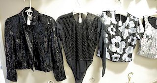 Four sequined or beaded tops including Wathne black sequined jacket and three sequined shirts.
