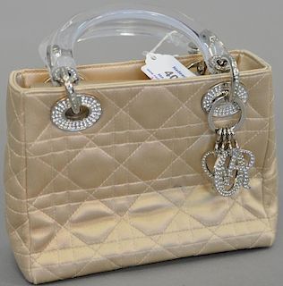 Christian Dior quilted mini beige satin silk handbag, this purse having lucite handles and jeweled chrome fittings, excellent condition, #MA-1929.