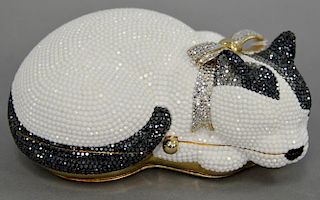 Judith Leiber jeweled sleeping cat clutch purse/hand bag having black, white, and silver jewels and gold interior with wrapped change purse and mirror