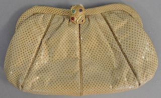 Judith Leiber tan snake skin clutch purse / bag with shell clasp (missing chain).