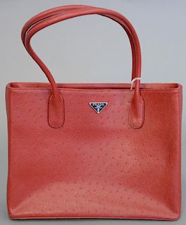 Large Prada red ostrich leather bag, this purse has zipper and double button top.