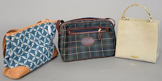Three purses including Wathne Fishing gear suede purse (like new), Stubbs and Wootton Palm Beach bag, and a Lederer plaid bag.