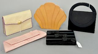 Five purses including Bottega Veneta straw purse, Renaud Pellegrino snake skin shell clutch bag...