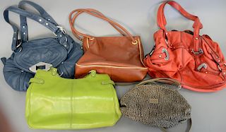 Five handbags to include Desmo brown leather purse, Nordstrom green leather handbag, red and blue Makowsky leather bag, and a Silvano Biagini purse.