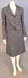 Chanel two piece suit, navy with white stripe jacket and skirt.