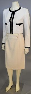 Chanel two piece tweed suit, ivory with black trim jacket and skirt.