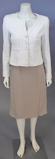 Chanel two piece suit, ivory colored tweed/novelty weave jacket with beige silk twill skirt (minor staining).