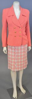 Chanel two piece lot including melon colored boucle jacket with gold buttons and melon and white skirt with self fringe.