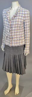 Chanel two piece lot with tan and purple tweed/plaid novelty weave jacket and grey wool pleated...