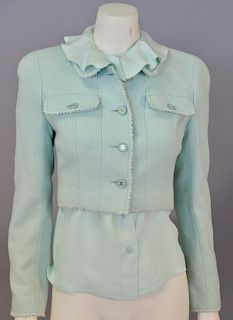 Chanel two piece lot with tweed mint green cropped jacket and mint green silk dress shirt with ruffled collar.