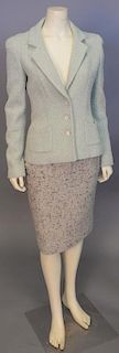 Chanel two piece lot including pale green tweed jacket and tweed beige skirt with multi-colored accents/novelty weave.