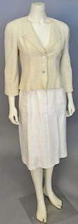 Chanel two piece lot with pale yellow wool tweed jacket and off-white linen skirt.
