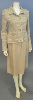 Chanel two piece lot with tan tweed jacket and tan skirt.