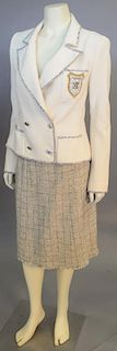 Chanel two piece suit, cream colored jacket and checked tweed tan skirt with fringe (size 42).