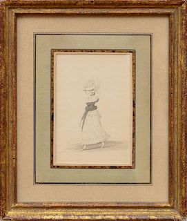 PAUL SANDBY (1730-1809): STUDY OF A FASHIONABLE LADY WALKING; AND A CHAIR WITH UMBRELLA AND CAP