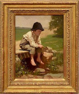 WILLIAM MORGEN (1826-1900): LITTLE BOY FISHING (BAREFOOT)