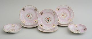 SET OF SIX ENGLISH PINK-GROUND PORCELAIN DESSERT PLATES AND A PAIR OF MATCHING SHELL DISHES
