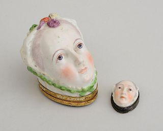 CHELSEA GOLD-MOUNTED LADY'S HEAD-FORM BONBONNIERE AND A SMALLER PORCELAIN PATCH BOX