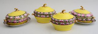PAIR OF ENGLISH YELLOW-GROUND PORCELAIN SOUP TUREENS, COVERS AND STANDS